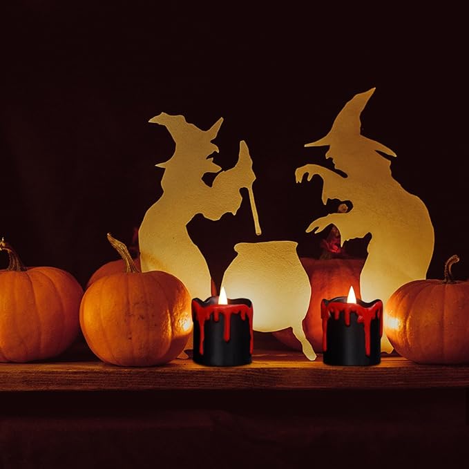 DRomance Black Flameless Votive Candles Battery Operated with Timer, 350 Hours Blood Dripping Small Real Wax Flickering LED Tea Light Candles Dinner Fall Halloween Decoration Lights(6 Pcs, 2" x 2.2")