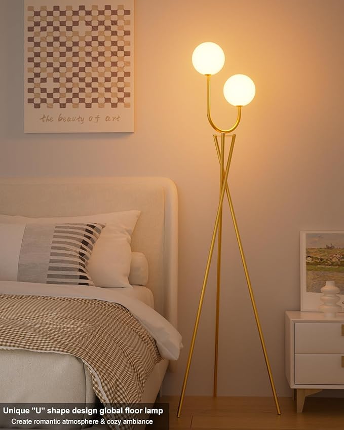 Lightdot Gold Floor Lamp Mid Century Tripod Floor Lamp with U-Stylish 2-Lights with 2Pcs 3000K G9 Bulbs Tripod Standing Lamps with Stable Base for Living Room/Sofa Sides/Corners