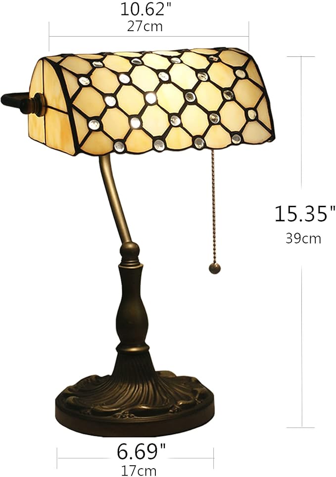Tiffany Style Bankers Table Lamp Stained Glass Piano Desk Lamp Vintage Bedroom Bedside Lamp for Study,Antique Alloy Base,Zipper Switch,Beige