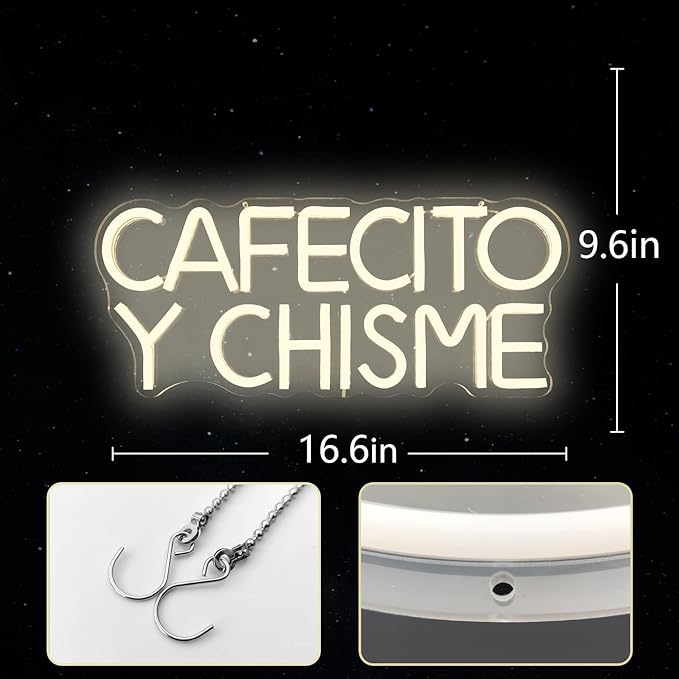 Funny Cafecito Y Chisme Neon Sign for Wall Decor Dimmable Cafecito Y Chisme Sign Mexican Gifts for Women Led Neon Light Sign for Bedroom Coffee Lover Gifts Home Kitchen Decoration
