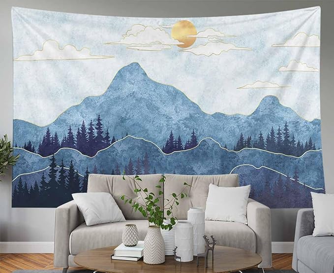 EMMTEEY Mountain Tapestry Wall Hanging Mountains Trees with Gold Sun Wall Hanging Tapestry 92.5X70.9 Large Wall Art for Bedroom Christmas Backdrop Home Wall Decor