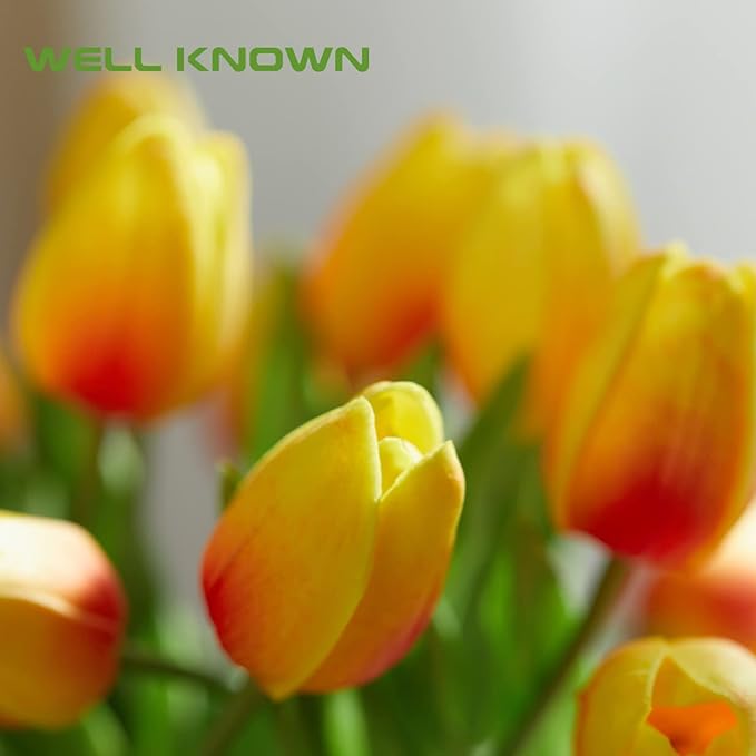 WELL KNOWN 20 Pcs Tulips Artificial Flowers in Vase with Faux Water, Faux Tulips Real Touch, Floral Arrangements Artificial with Vase Centerpiece for Bathroom Home Decoration Orange