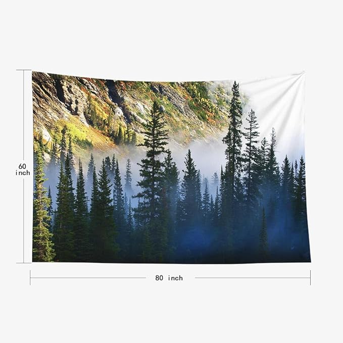 EMMTEEY Landscape Tapestry Wall Art - Fog and Pine Tree on Rugged Mountainside - 80x60cm