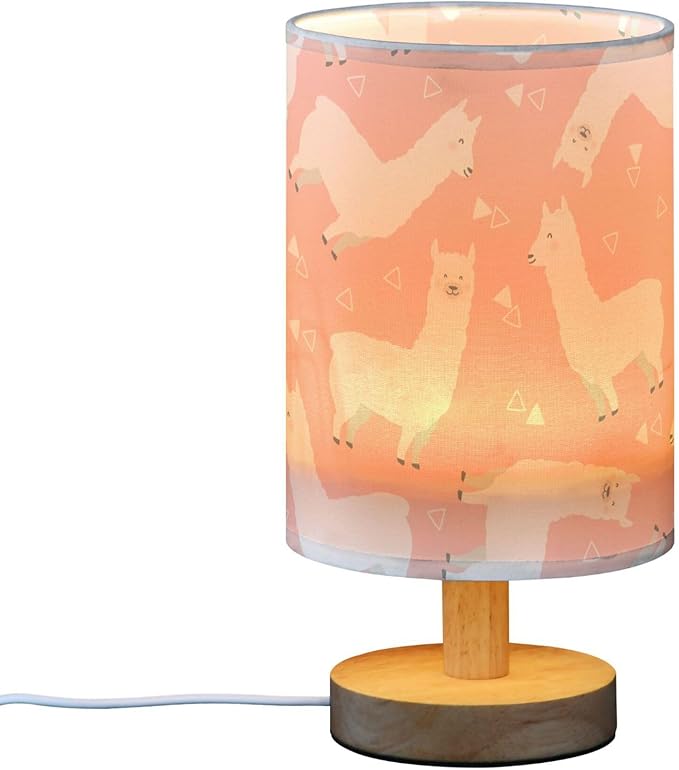 Table Lamp White Llama Alpaca Geometric Triangle on Pink Nightstand Lamp with Wood Base Fabric Lamp Shade Bedside Desk Lamp for Living Room Bedroom Kids Room Office
