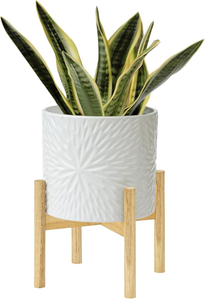 LA Jolie Muse Large Ceramic Planter with Stand Included,10 Inch Unique Modern White Plants Pot,Mid Century Indoor Planter with Wood Planter Holder with Drainage