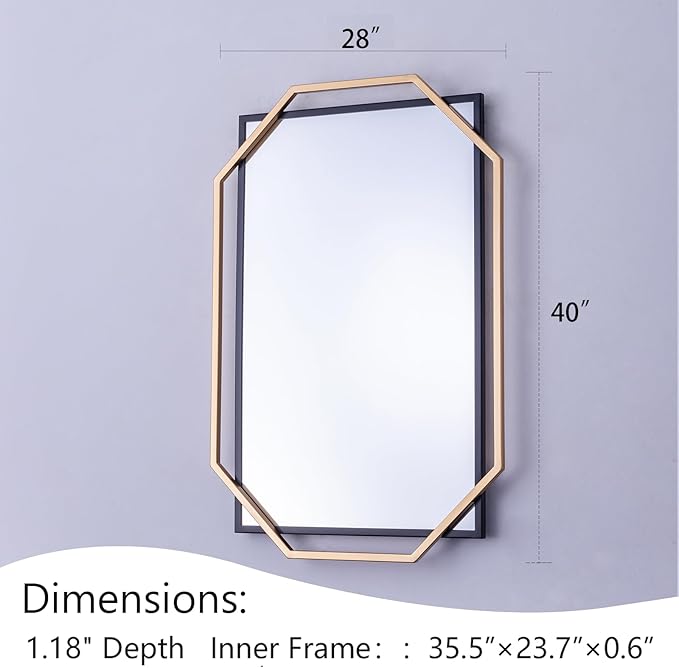 Decorative Wall Mirror, Black and Gold Frame Bathroom Mirror for Wall with Modern Metal Octagonal, for Living Room, Dining Room, Entryway (40" x 28")