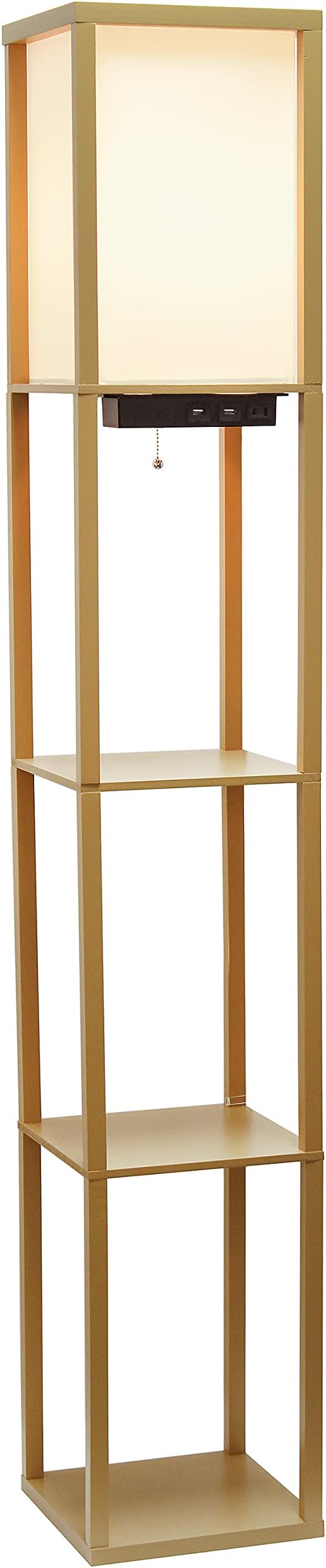 Simple Designs LF1037-TAN Floor Lamp Etagere Organizer Storage Shelf with 2 USB Charging Ports, 1 Charging Outlet and Linen Shade, Tan