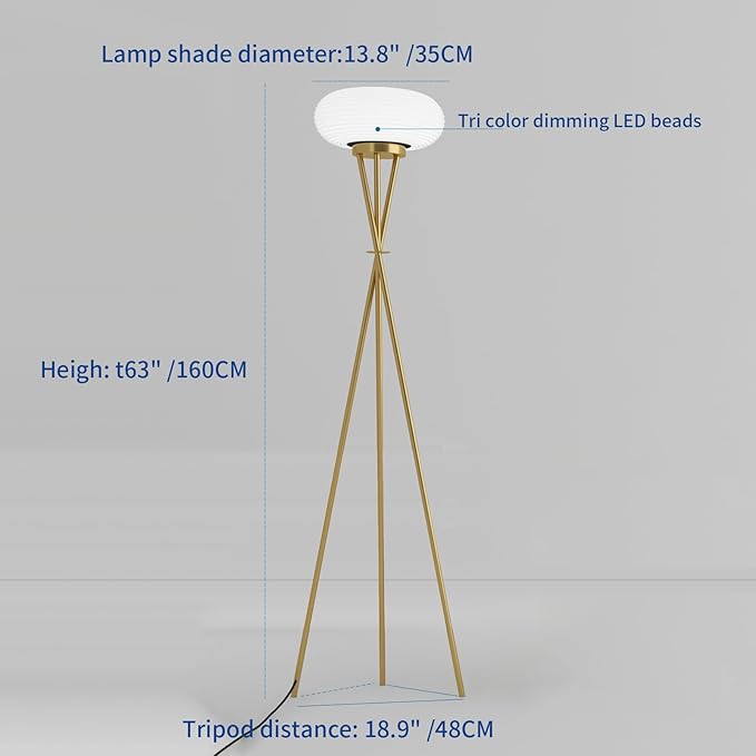 Led Tripod Floor Lamp, Three Colour Dimmable Torch Lamp, Torchiere Floor Lamp for Living Room, Bedroom, Office, Dorm Room - Gold