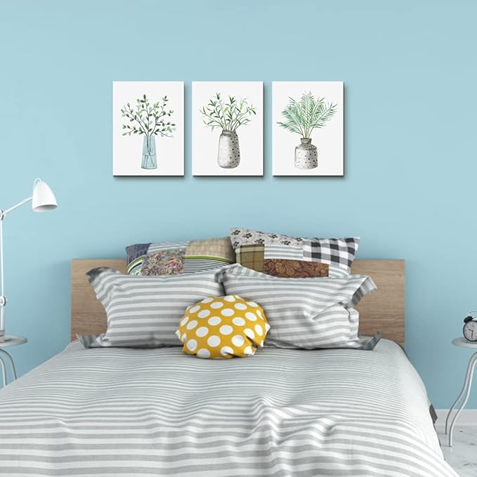 AHUASJART Canvas Wall Art Paintings For Kitchen Dining Room Family Wall Decor For Bedroom Wall Decoration For Living Room Office Decor Green Leaf Vase Wall Pictures Artwork For Home Walls 3 Piece