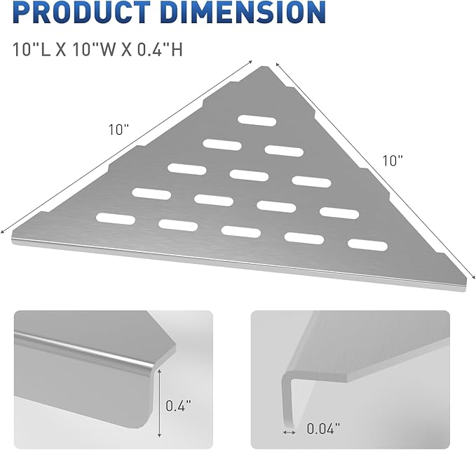 Shower Corner Shelf 10" Slot Design Bathroom Shelves for Tiled Wall, 304 Stainless Steel Recessed Organizer Corner Shelves for Inside Shower Decor, 2 Pack, Silver