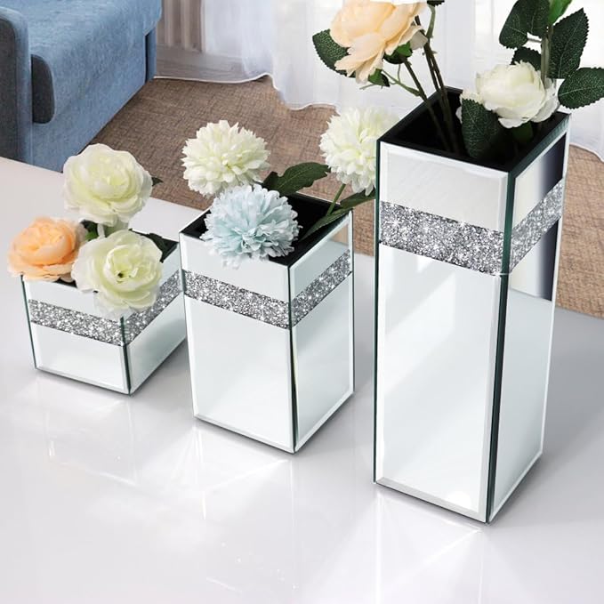 Crushed Diamond Mirrored Vase Pack of 3 Pieces Small Middle Large. Crystal Silver Mirror Glass Stunning Decorative Flower Vase Luxury for Home Decor. Can’t Hold Water.