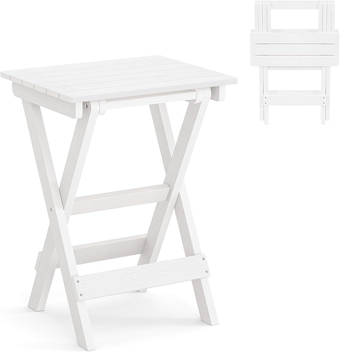 LUE BONA 27 inch Folding Side Table, HDPS Outside End Table for Patio, Porch, Deck, Pool, Weather Resistant, White