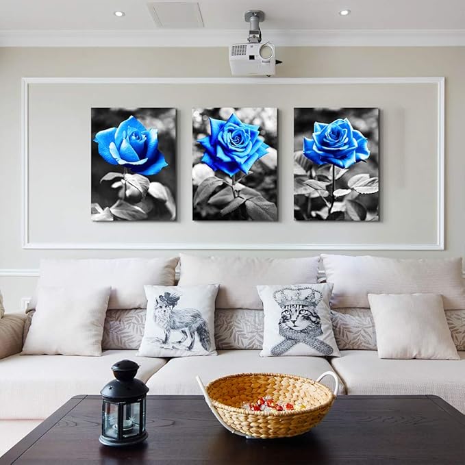 bedroom Wall Art for living room bathroom Wall Decor for kitchen family pictures artwork Black and white Blue rose flowers Canvas paintings 16" x 24" 3 Pieces framed Modern office Home decorations