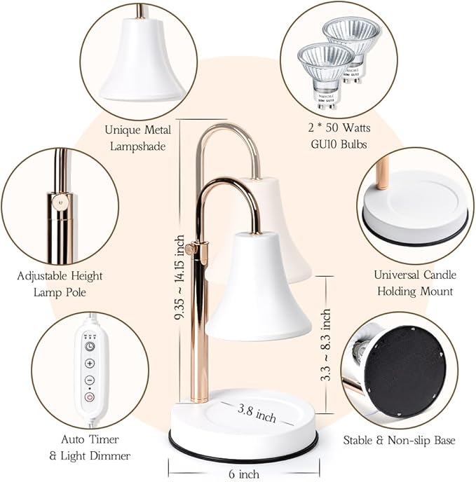 Candle Warmer Lamp, Height Adjustable Dimmable Candle Lamp Warmer with Timer, Electric Wax Melt Warmer for Jar Candles, Nightstand Lamp for Bedroom, House Warming Mothers Day Gifts Decor