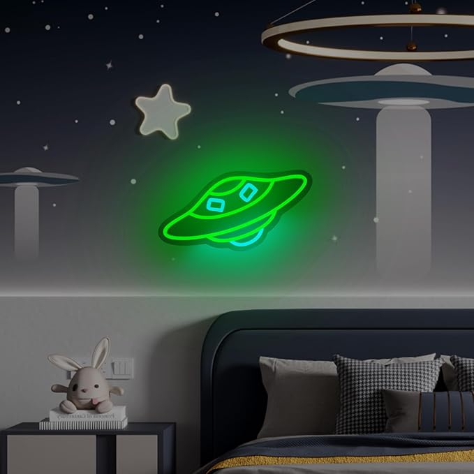 UFO Neon Sign for Wall Decor Studio Room Led Lights, Alien UFO Decor Neon Signs Aesthetic Operated Light for Door Decorations, Bedroom Accessories Neon Sign