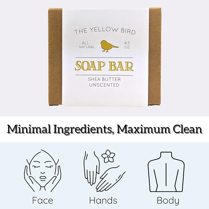 The Yellow Bird Unscented Soap Bar For Sensitive Skin. Handmade Face Soap that's Fragrance Free and Hypoallergenic. Natural, Vegan, and Organic Ingredients.