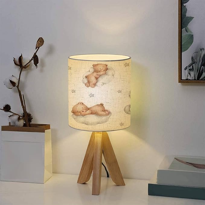 Wooden Tripod Nightstand Lamp Small Bedside Table Lamp with Light Bulb Adjustable Seamless Teddy Bears Clouds Moon Stars Watercolor Hand Drawn White Light Cute Desk Lamps for Nursery Bedroom