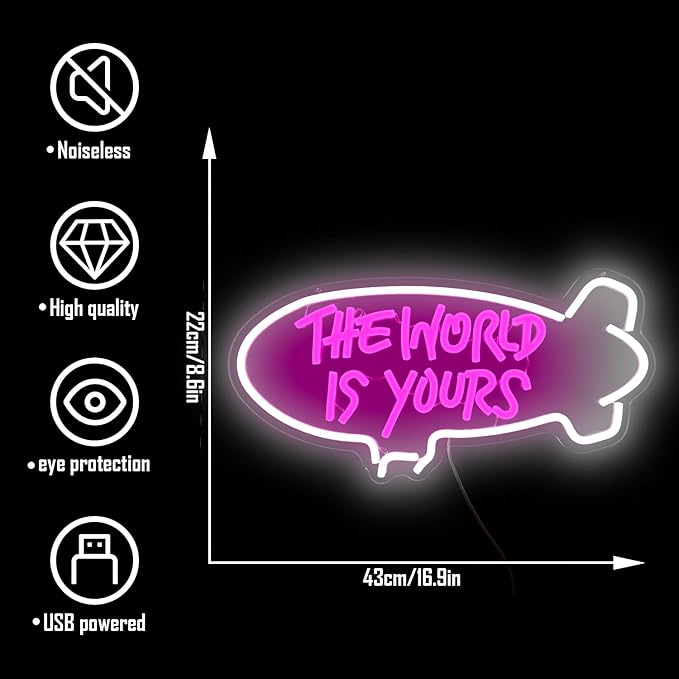 The World Is Yours Neon Signs for Wall Decor Dimmable Airship Led Neon Signs Light Up Signs for Bedroom Wedding Neon Lights Signs for Valentines Day Bar Club Decor Birthday Party Gift