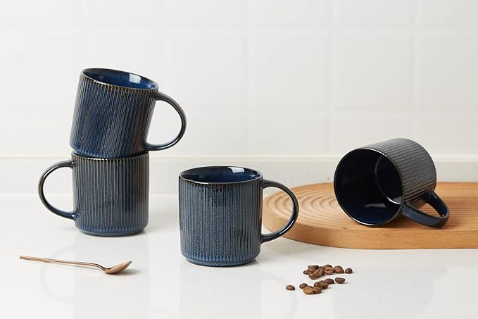 famiware Coffee Mug Set for 4, Star 12 oz Catering Mugs Cup Set with Handle for Coffee, Tea, Cocoa, Milk - Ceramic Stoneware Drinkware Set, Nebulas Blue