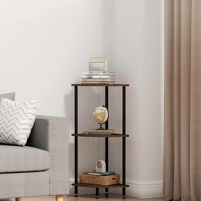 3 Tier Corner Shelf,Corner Bookcase for Small Spaces, Display Shelf,Narrow Bookshelf,Rustic Brown and Black,Suitable for Bedroom,Living Room,Kitchen