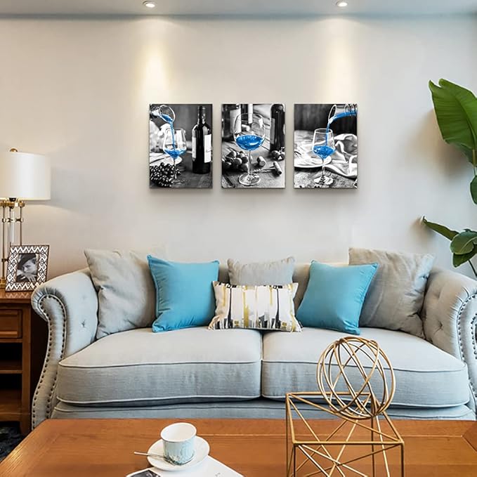 Wall Decor For Dining Room Canvas Wall Art For Kitchen Black And White Wine Glasses Pictures Modern Yellow Wine Canvas Art Prints Ready To Wall Painting For Restaurant Home Decorations 20"X28" 3 Piece