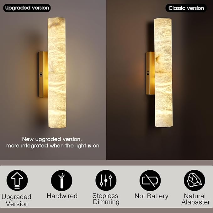 Brass Alabaster Wall Sconces, 20" Natural Marble Wall Sconce, Hardwired Gold Wall Sconces Indoor, Stone Wall Sconce Dimmable, Alabaster Wall Lamp for Living Room, Bathroom, Bedroom, Hallway-Upgraded