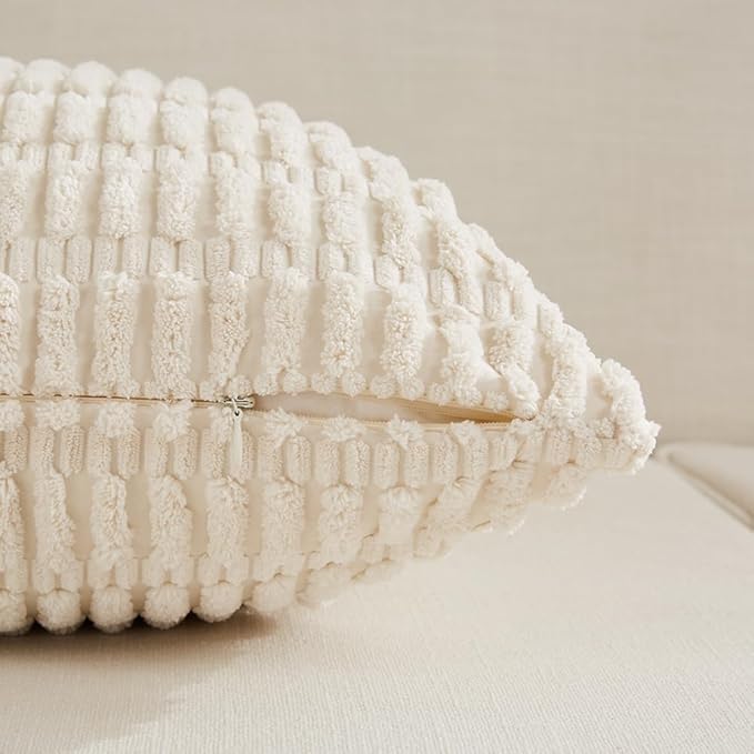 Fancy Homi 4 Packs Neutral Euro Decorative Throw Pillow Covers 28x28 Inch for Couch Bed Sofa, Rustic Farmhouse Boho Home Decor, Soft Plush Striped Corduroy Square Cushion Case 71x71 cm