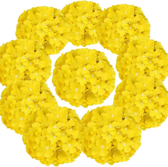 Flojery Silk Hydrangea Heads Artificial Flowers Heads with Stems for Home Wedding Decor,Pack of 10 (Yellow)