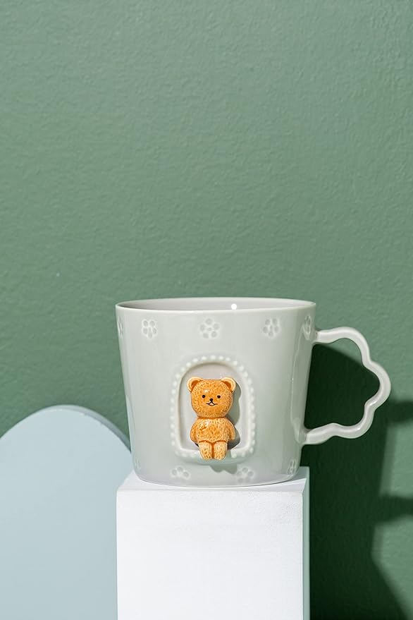 DIHOclub Bear Ceramic Cup Window Animals Mug Cute Cartoon Handmade Figurine Mugs,Holiday and Birthday Gift for Daughter,Son,Kids,9 OZ (Grey)