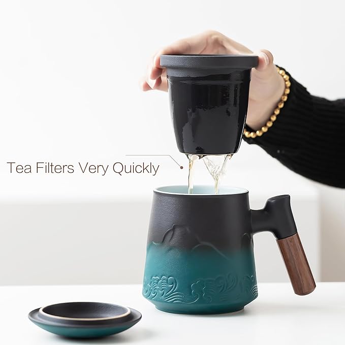 ZENS Tea Cup With Infuser and Lid for Loose Leaf Steeper, 15.2 oz Embossed Ceramic Mug With Fine Strainers, Wood Handle Large Diffusers, Accessories for Tea Lovers Gifts
