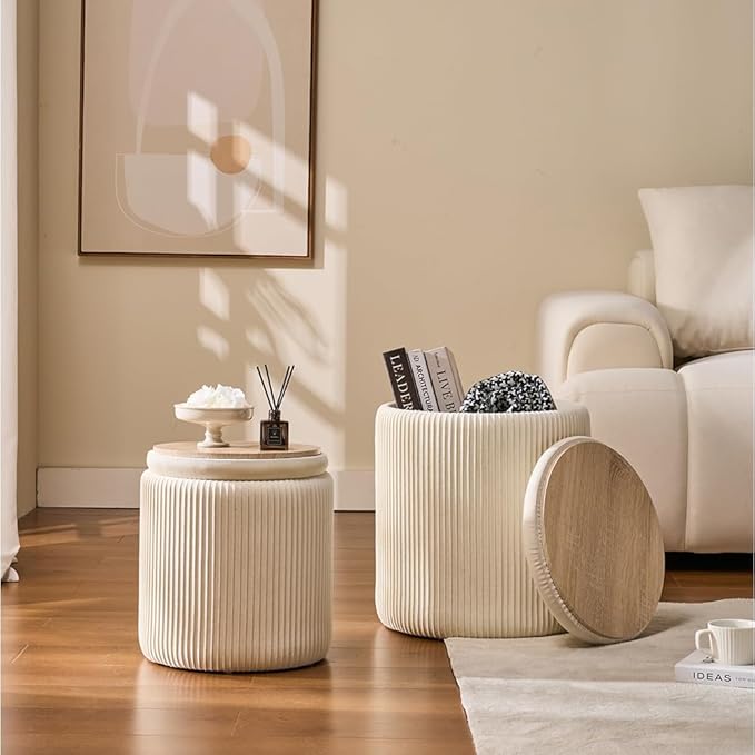 Round Set of 2 Ottoman with Storage-Upholstered Velvet Vanity Stool for Makeup Multifunctional Ottomans Coffee Table Padded Seat Foot Rest for Living Room&Bedroom(White)