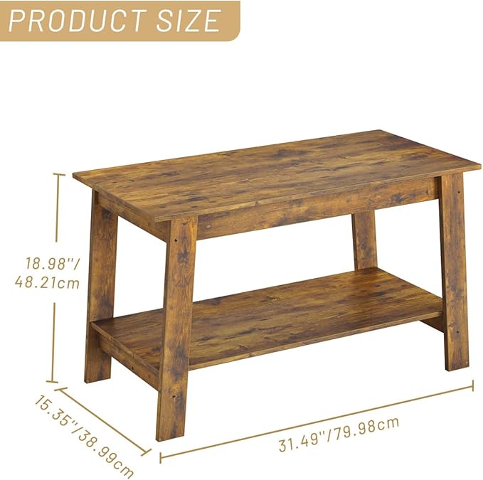 2-Tie Coffee Table, Rustic Wood Living Room Tables with Open Rectangular Storage Compartment, Coffee Tables for Living Room, Outdoors, Home Office, Bedroom, Retro Brown
