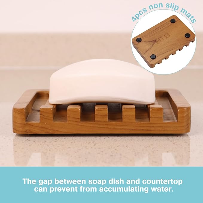 2PCS Self Draining Soap Dishes by HTB, Teak Wood Soap Holder, Soap Saver for Shower, Bathroom, Bath Tub, Kitchen Sponges, Easy Dry Extend Soap Life