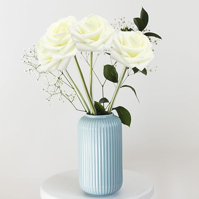 200PCS Milk White Artificial Flowers Roses Real Looking Foam Fake Roses with Leaves for DIY Wedding Bouquets Bridal Shower Party Decorations (Ivory, 200)