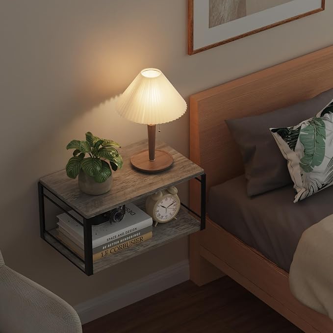 Floating Nightstand, Wood Bedside Shelf Wall Mounted Nightstand, Floating Bedside Table for Bedroom, Living Room, Bathroom, Kitchen, Office (Vintage Gray)