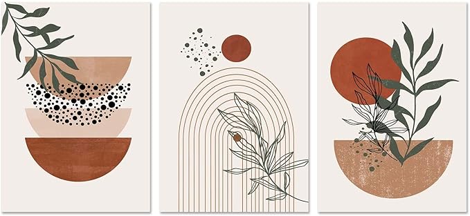 Boho Wall Art Prints, Boho Wall Decor, Abstract Geometric Prints Black Beige Terracotta Minimalist Art, Natural Framed Canvas Prints Artwork For Living Room Bathroom Bedroom Wall Decor