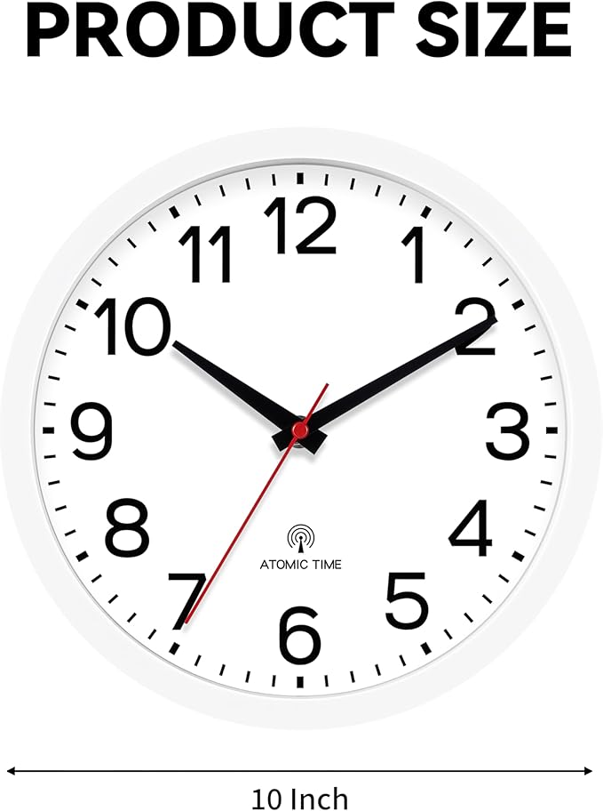 AKCISOT Atomic 10 Inch Wall Clock Analog Clocks for Indoor Kitchen-Silent Battery Operated Clock for Bedroom Office Classroom Living Room(White)
