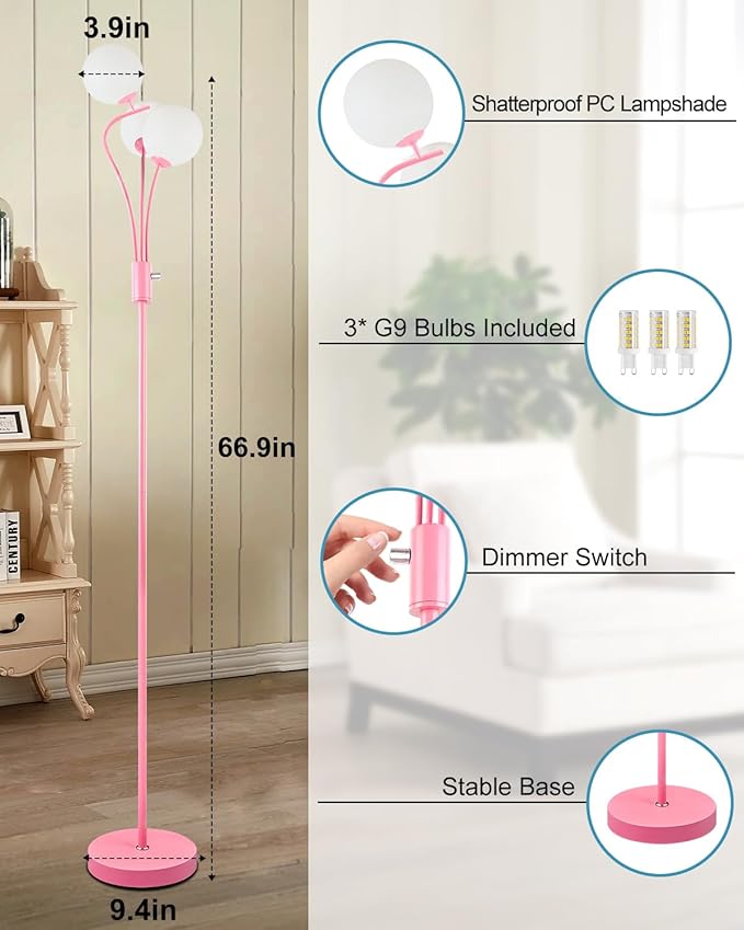 Lightdot Pink Floor Lamp for Girls Room Stepless Dimmable Globe Standing Lamp with 3Pcs 3000K G9 Bulbs Modern Design & Stable Base Mid Century Floor Lamps for Living Room/Bedroon
