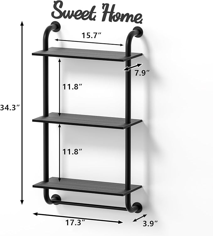 Rustic Farmhouse 3-Tier Wall Mounted Pipe Shelves, Industrial Floating Shelf Decor for Bathroom, Kitchen, Bedroom, Living Room - 17.3in Black