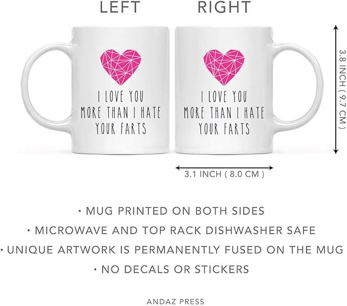 Andaz Press Valentine’s Day Funny 11oz. His Her Couples Coffee Mug Gift, I Love You More Than I Hate Your Farts, Pink Heart Graphic, 1-Pack, Gift Box