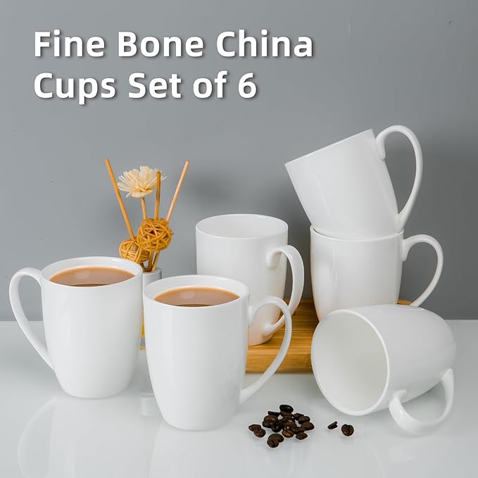 Plain White Fine Bone China Blank Coffee Mugs Set of 6, 11 Oz Tea Cups with Large Handle, Lightweight Ceramic Coffee Mugs, Aesthetic Coffee Cups