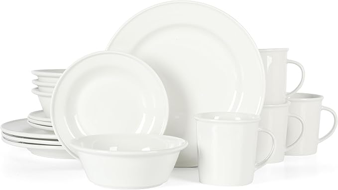 Martha Stewart Cliffield High Fired 16-Piece Porcelain Chip and Scratch Resistant Plates, Bowls, and Mugs Dinnerware Set, Service for 4 - White