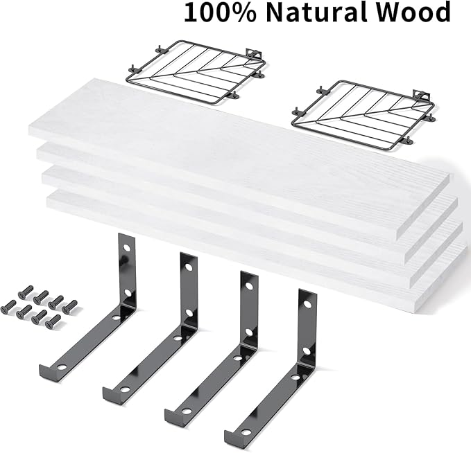 Fixwal 3+1 Tier Bathroom Floating Shelves Over Toilet, 15.8in Farmhouse Rustic Wood Shelves, Wall Decor for Bathroom, Living Room,Bedroom and Kitchen (White)