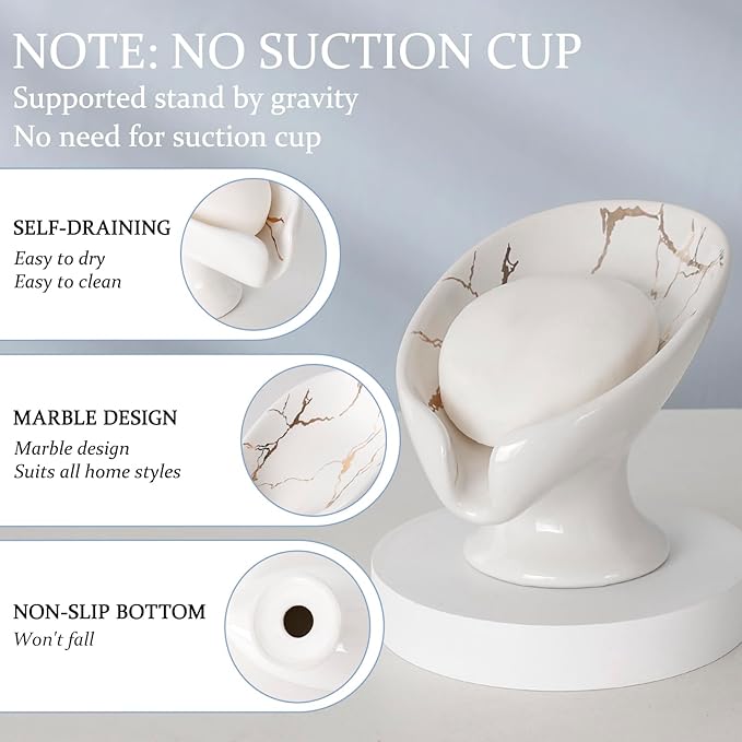 Soap Dish Set, Self Draining Bar Soap Holder for Bathroom Sink, Leaf Shaped Drainage Ceramic White Marble Porcelain Soap Dishes, Kitchen Decorative Soap Dish 2PACK, ANTIS'S HOME