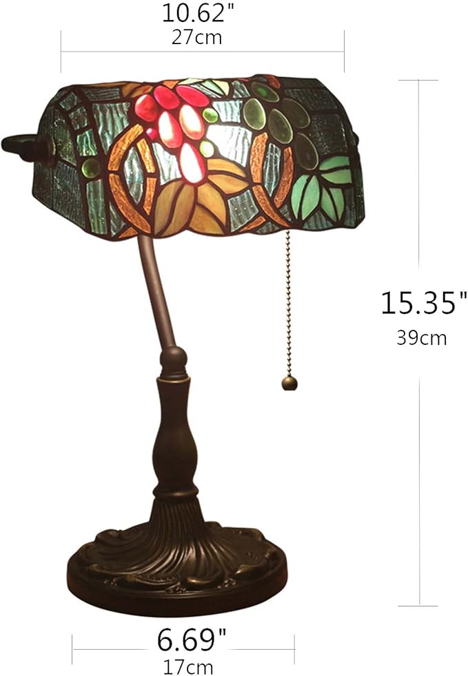 Tiffany Style Bankers Table Lamp Stained Glass Piano Desk Lamp Vintage Bedroom Bedside Lamp for Study,Antique Alloy Base,Zipper Switch,Grape