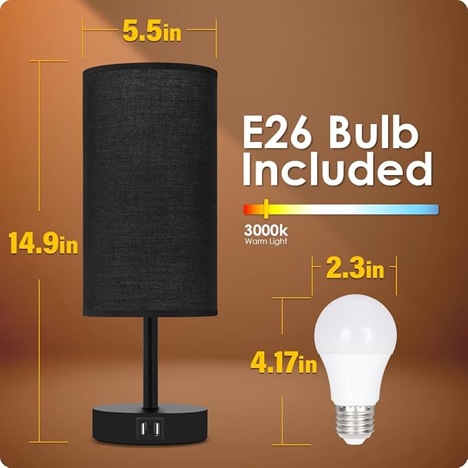 Yarra-Decor Bedside Lamps with USB Port - Touch Control Table Lamp for Bedroom 3 Way Dimmable Nightstand Lamp Set of 2 with Round Black Fabric Shade for Living Room, Dorm, Home Office (Black, 2 Pack)