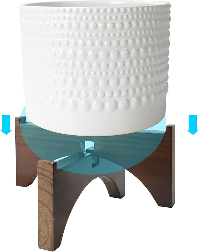 LA Jolie Muse Ceramic Planter with Wood Stand - 8 Inch White Cylinder Embossed Hobnail Patterned Flower Plant Pot Indoor
