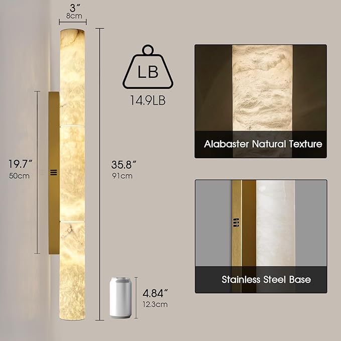 Brass Alabaster Wall Sconces, 36" Large Marble Wall Sconce, Hardwired Gold Wall Sconces Interior, Stone Wall Sconce Dimmable, Alabaster Wall Lamp for Living Room, Bathroom, Bedroom, Hallway-Upgraded