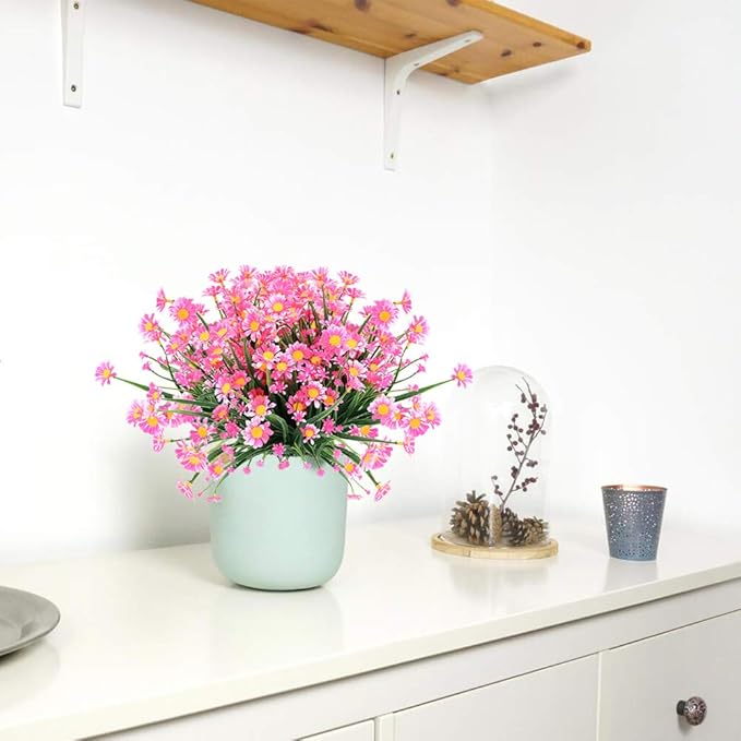 8 Bundles Artificial Daisies Flowers Outdoor UV Resistant Fake Foliage Greenery Faux Plants Shrubs Plastic Bushes for Window Box Hanging Planter Farmhouse Indoor Outside Decor(Pink)