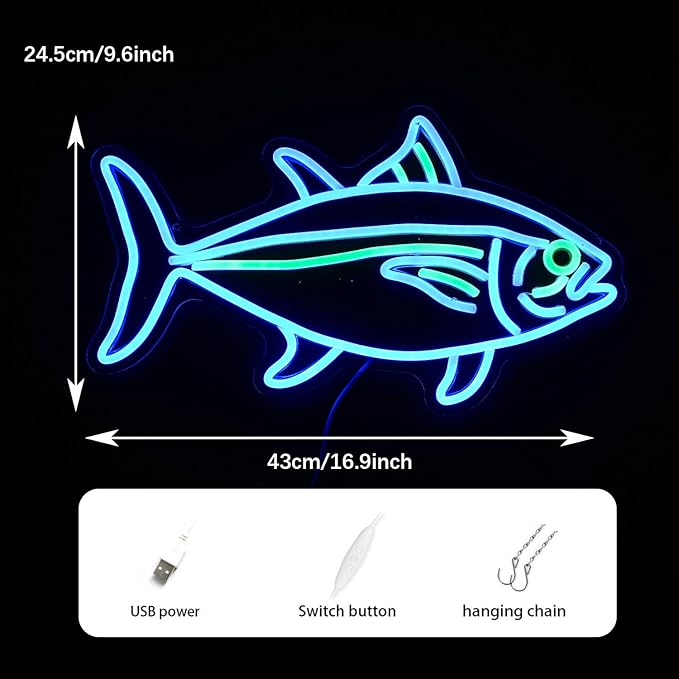 Tuna Neon Sign Blue Green Fish Neon Lights Signs for Wall Decor Dimmable Led Signs for Bedroom Living Room Restaurant Office Birthday Gifts(16.9’’X9.6’’)